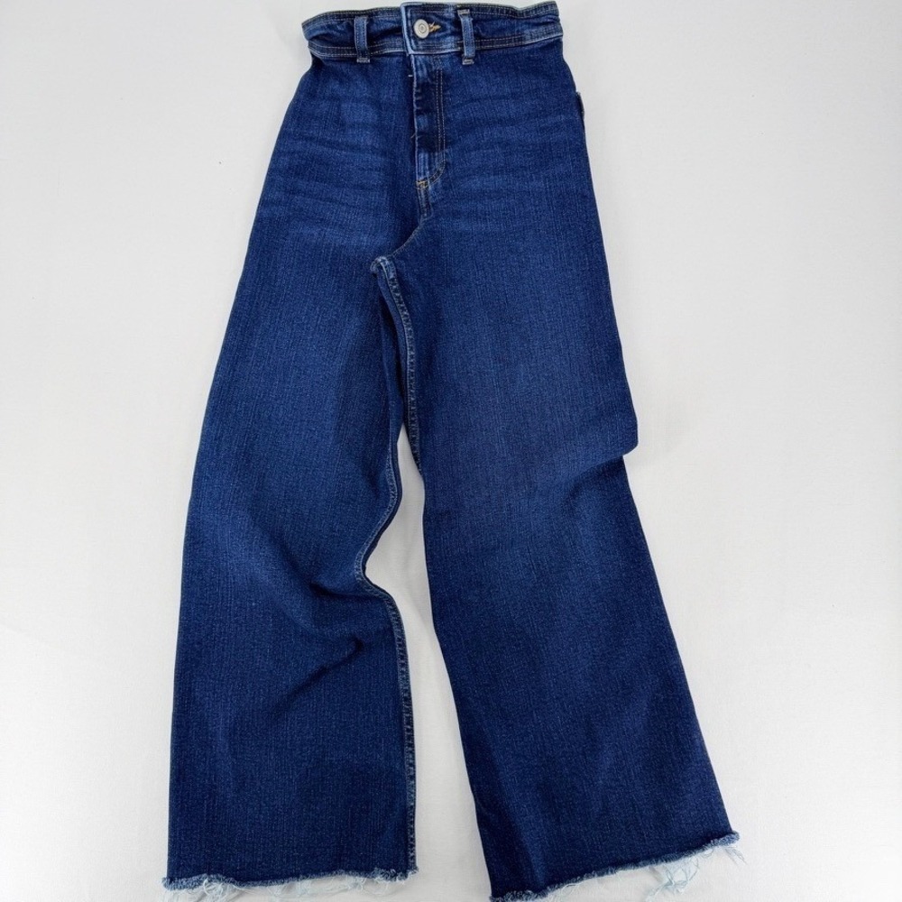 Zara Wide Leg Jeans High Rise Raw Hem Size 4 Dark Wash Blue Excellent